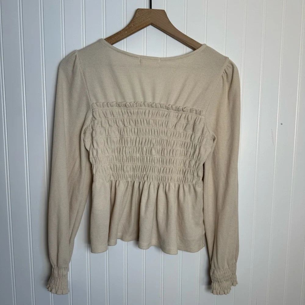 Altar'd State Julie Waffle Knit Smocked Peplum Peasant Sleeve Square Neck Top L